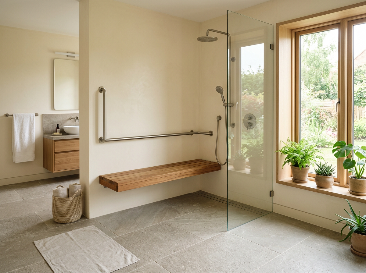 Accessible walk-in shower with grab bars and teak bench