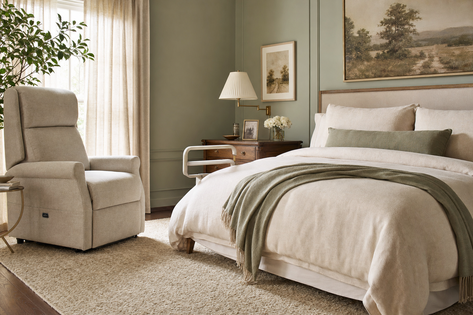 Serene accessible bedroom with bed rail and lift recliner — illustrating Best Motion Sensor Night Lights for Elderly Adults