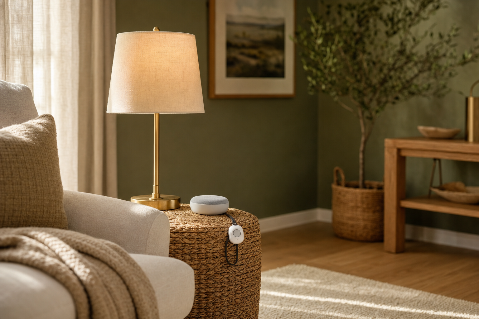 Smart speaker and medical alert pendant on a side table — sage green wall, warm light — illustrating Best Medical Alert Systems in 2026