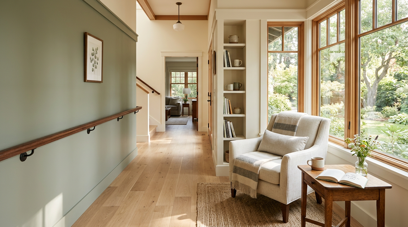 A welcoming home interior with a built-in handrail along a sage hallway and a sunlit reading nook