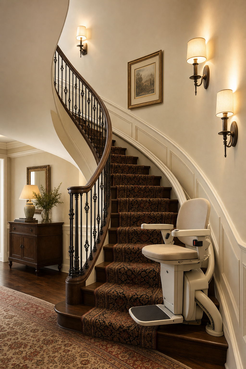 Modern stairlift on a curved staircase in a traditional home — illustrating How Much Does a Stairlift Cost in 2026?