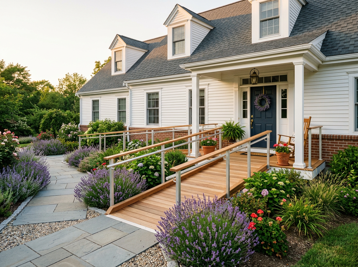 Wooden wheelchair ramp leading to a Cape Cod home