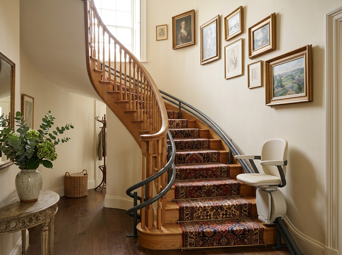 Modern stairlift on a curved staircase